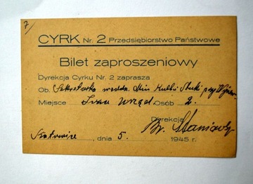 Bilet zaproszeniowy maj 1945 do Cyrku