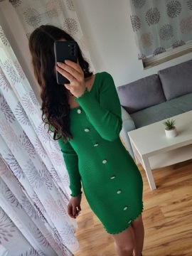 Nowa zielona sukienka z guzikami na długi rękaw M