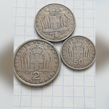 Grecja 2 drachmy 1962, 1 dr 1954, 50 lepta 1967.