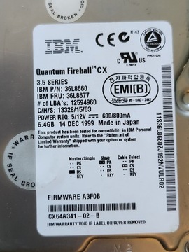 Dysk Twardy IBM QUANTUM FiREBALL 6GB ATA IDE PATA