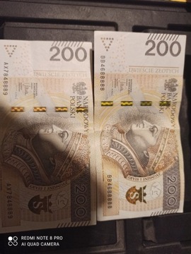 Banknoty 200zl pięć ósemek i kolejny z dziewiątka