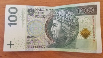 Banknot obiegowy 100 zł ładny numer FS 4328877 
