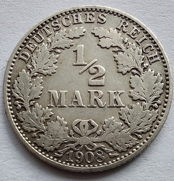 NIEMCY 1/2 Mark 1908J srebro ŁADNA