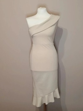 Elegancka beżowa sukienka na jedno ramię z falbaną New Collection