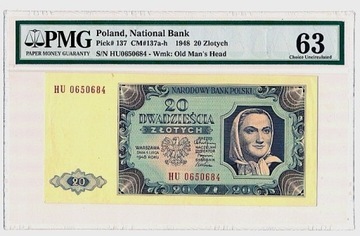 Banknot 20zł 1948r serii HU PMG 63