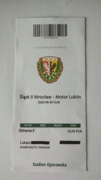 Bilet Śląsk II Wrocław - Motor Lublin 2020 r.