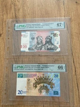 2 sztuki banknotów NBP PMG 67 i 66 - ten sam numer
