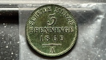 Prusy Niemcy 3 Pfennig 1869 A.Miedź