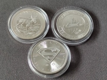 Srebrne monety Kanadyjskie 3x 1OZ  próba 9999