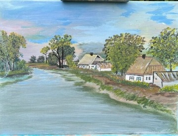 Obraz Chaty nad rzeką akryl ręcznie malowany 70x50