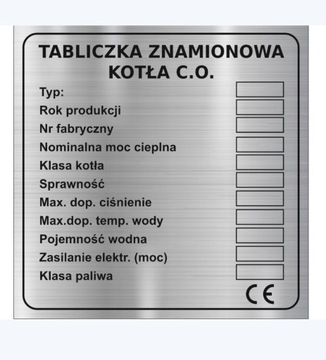 Tabliczka znamionowa na piec kocioł + parametry