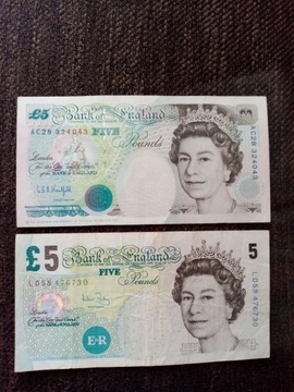 5 funtów 1990, 5 funtów 2002 +monety 