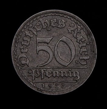 50 pfennig 1922 F, bardzo dobra