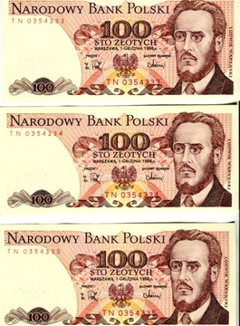 Banknoty 1988, 100 zł, 3 szt. kolejne, fabr. nowe