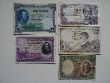 Hiszpania 5 banknotów 25-100 pesetas -L034