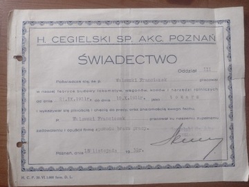 H.Cegielski Poznań 1935 r. Świadectwo 