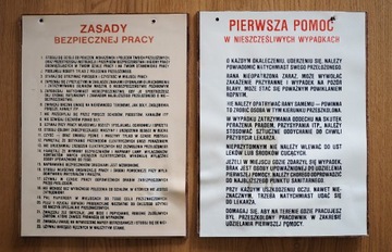 Stara tablica informacyjna BHP, Pierwsza Pomoc PRL