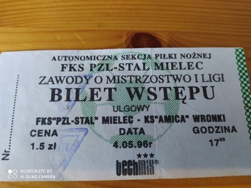 Bilet z meczu Stal Mielec - Amica Wronki 1996