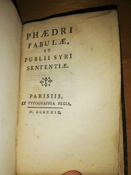 Edycja królewska Fedrus Syrus Sentencje bajki 1729
