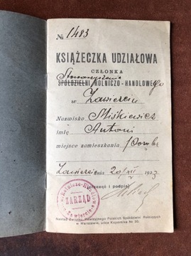 Przedwojenna książeczka udziałowa Zawiercie 1923