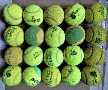 10 używanych piłek tenisowych różnych marek. 