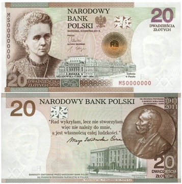 20 zł 2011 Maria Skłodowska Curie 100. rocznica przyznania nagrody Nobla