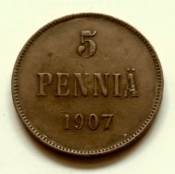 FINLANDIA- 5 pennia z 1907 r, Mikołaj II 