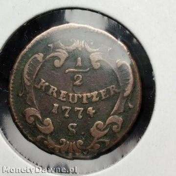 1/2 krajcara (KREUTZER) 1774 S, Józef II Austria