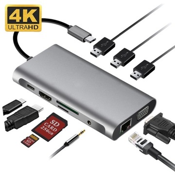 Hub 10 w 1 USB 3.0 Typ C do VGA, RJ45, HDMI 4K,...
