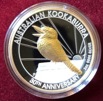 Kookaburra 2020, 2 uncje, złocona, 30 rocznica