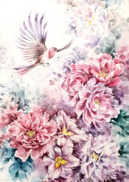 Obraz kwiaty ptak akwarele DUŻY 