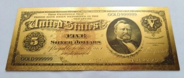 Banknot pozłacany 24k  5 dolarów USA 1886 rok