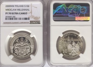 10 ZŁ 1000 LECIE WROCŁAWIA 2000 NGC PF70 ! IDEAŁ