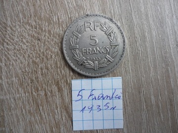 Moneta 5 franków 1935 r .srebro 
