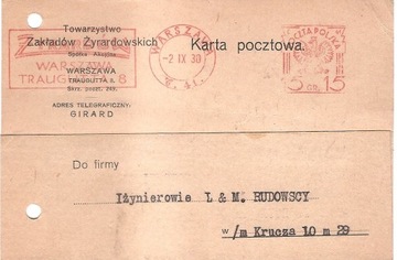 Firmowa Karta pocztowa 1930r. z datownikiem 