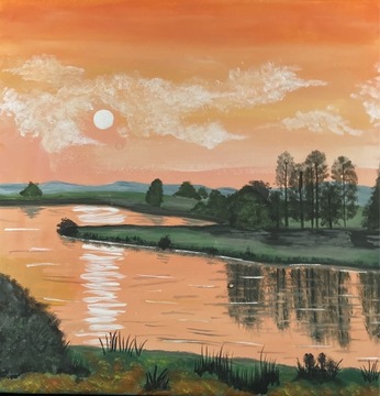 Obraz ręczne malowany, zachód słońca nad rzeką 