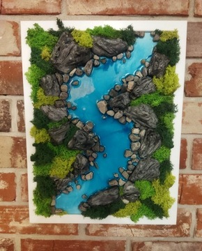 Obraz rzeka, skały, mech, żywica epoksydowa 