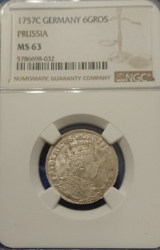 6 groszy 1757 r. Prusy-Wrocław NGC MS63