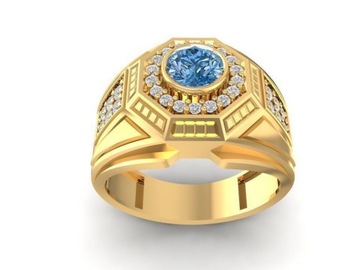 Sygnet pierścień złoty z brylantami topazem szafir