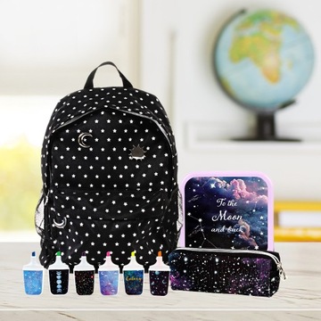 Nowy Plecak Galaxy + piórnik, 3x lunchbox, mazaki