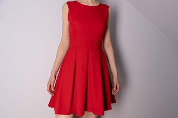 Elegancka czerwona sukienka kieszonki zamek S 36
