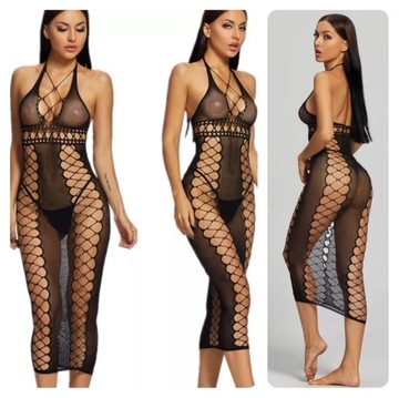 Sukienka bodystocking siateczka wiązana XS S M