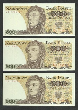 500 zł 1982 seria ES - UNC -trzy kolejne numery