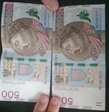 Banknoty 500 zł seria AE 19311517/18