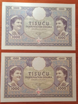Para banknotów 1000 dinarów Dubrownik 2019