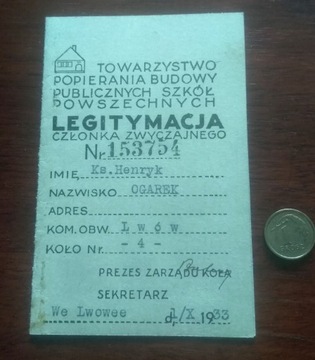 Legitymacja Lwów 1933 r. szkolnictwo