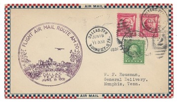 Pierwszy lot pocztowy USA 15.6.1931 Dallas-Memphis