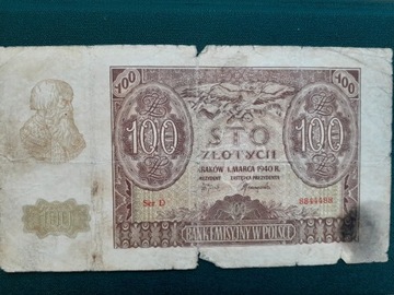 Banknot 100 zł 1940 r seria D stan średnio-słaby