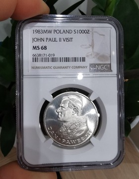 1000 zł Jan Paweł II 1983 NGC MS 68 ! Piękna! 