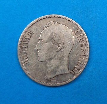 Wenezuela 5 boliwarów 1926, dobry stan, Ag 0,900